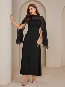 Graceveil 女士优雅斗篷袖收腰长裙，适合约会和派对 - 黑色 - 查看 2