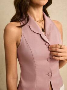 Poéselle 女士休闲/办公通勤简约纯色饰边修身无袖衬衫 - 粉色 - 查看 7