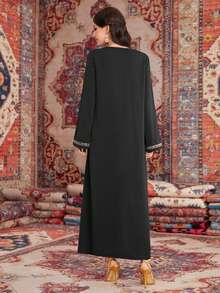 Al Najma Women's Notched Neck Floral Embroidered Elegant Long Sleeve Arabic Dress - Black - View 3