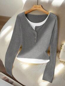 GlowEve CURVE Áo thun dài tay 2 trong 1 phối màu tương phản, cỡ lớn, phong cách thường ngày, thích hợp cho mùa thu. - Xám - Xem 1