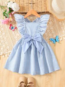 SHEIN Young Girl Blue & White Striped Bow Ruffle Trim Short Sleeve Pink Casual Dress, Fashionable Everyday Wear For Infants, Spring/Summer Resort - Blue - View 3