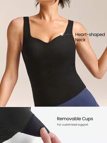 GLOWMODE FeatherFit™ Soft Win Buttery-Soft Sweetheart Neck Twisted Open Back Removable Cups Long Tank Top Low Impact Yoga Studio Daily Wear - Black - View 4