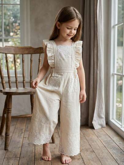 Vintaside Kids Girls' Romper Pants, Country Style Embroidery Pattern, Elegant & Cute, Versatile, Soft Fabric, Suitable For Spring, Summer, Autumn