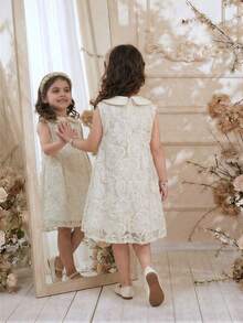 Young Girls' Elegant Rose Jacquard Sleeveless Dress, Refined Texture, Neat Silhouette, Suitable For Family Gatherings Or Art Exhibitions, Light And Thin, Spring/Summer - Apricot - View 2