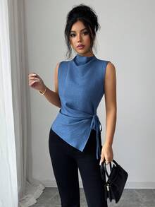 Elenzga Áo kiểu nữ không tay xếp ly vạt bất đối xứng, chất liệu giả denim, cổ cao, kiểu dáng thanh lịch, áo sơ mi xanh thời trang cho mùa xuân/hè. - Màu xanh lam - Xem 5