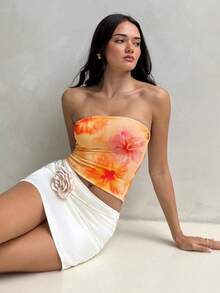 Top bandeau casual con estampado floral hawaiano naranja para mujer Aloruh, adecuado para el verano, la playa, festivales de música, se puede usar como cubreplaya, bikini casual, ropa de baño cómoda o atuendo decorativo de playa
