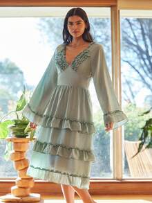 Lullawish 波西米亚风舒适时尚深V领荷叶边绿色女士睡裙 - 綠色 - 查看 3