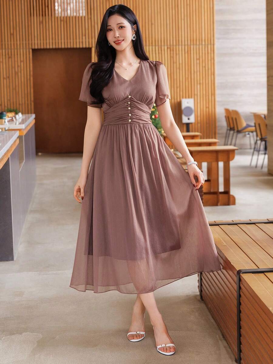 DAZY Women's Solid Color V-Neck Regular Shoulder Short Sleeve Ruched Waist Dress Maxi Dress Sundress - Brown - View 1