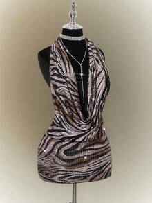 SHEIN ICON Đầm dự tiệc Valentine cho nữ giới thời kỳ Y2K, thích hợp cho các buổi hòa nhạc, câu lạc bộ, lễ hội Carnival, Mardi Gras, dạ hội, họa tiết động vật, phong cách Gyaru, hở lưng, gợi cảm, họa tiết ngựa vằn, đính sequin, kiểu yếm, hở lưng, thích hợp cho mùa hè. - Nhiều màu - Xem 10