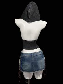 SHEIN ICON 女士时尚街头风前扣抽绳连帽背心，夏季 - 黑色 - 查看 2