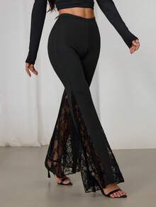 SHEIN PETITE 女士纯色弹力腰带蕾丝喇叭裤，喇叭裤，性感黑色女式裤装 - 黑色 - 查看 8