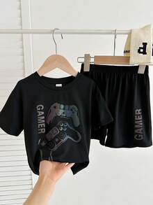 SHEIN 2件套 男童休闲舒适多功能反光电子游戏图案短袖T恤和短裤套装 - 黑色 - 查看 5