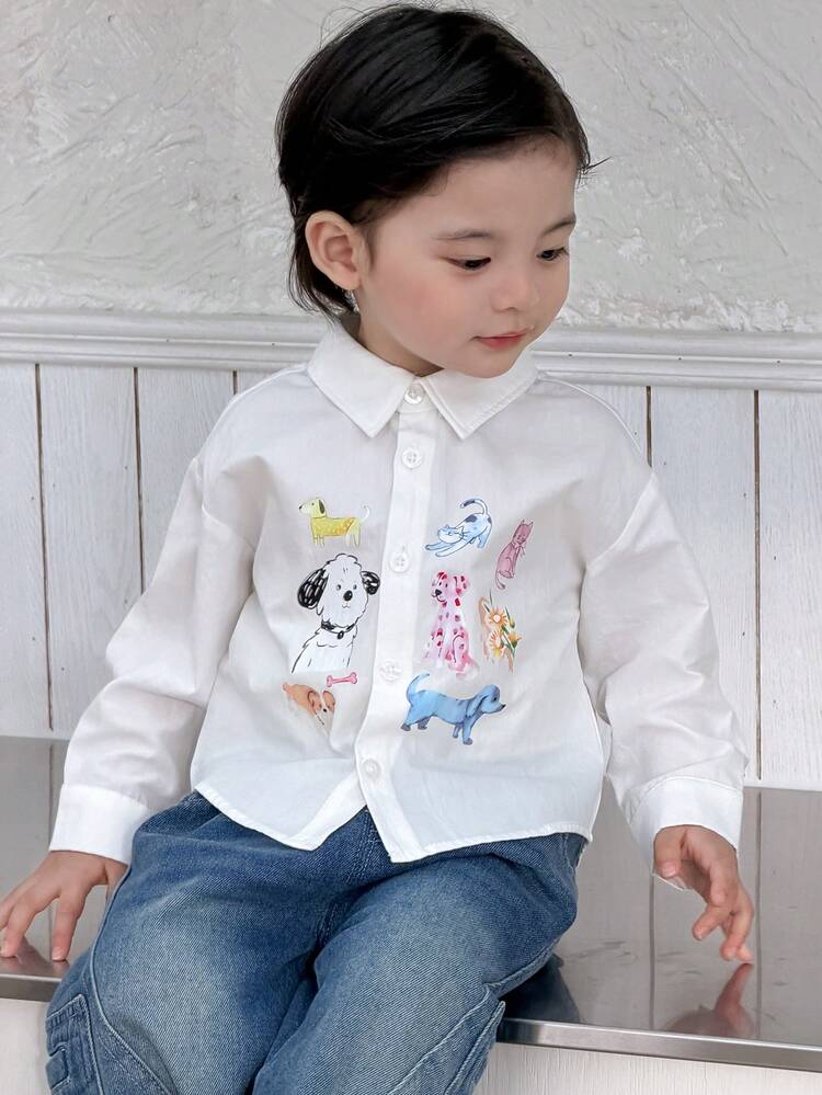 Toddler Boys' Casual Cartoon Print Turndown Collar Long Sleeve Top, Spring/Summer