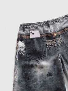 ROMWE MEN Street Life Men's Digital Print Faux Multi-Waistband Denim Shorts - Blue - View 14