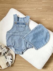 SHEIN Playful Pals Baby Boys' Denim Overalls, Casual, Fashionable, Versatile, Cute Design, Adjustable Straps, Relaxed Fit, Soft Cotton Denim Fabric, Suitable For Spring, Summer, Autumn, Winter - Medium Wash - View 3