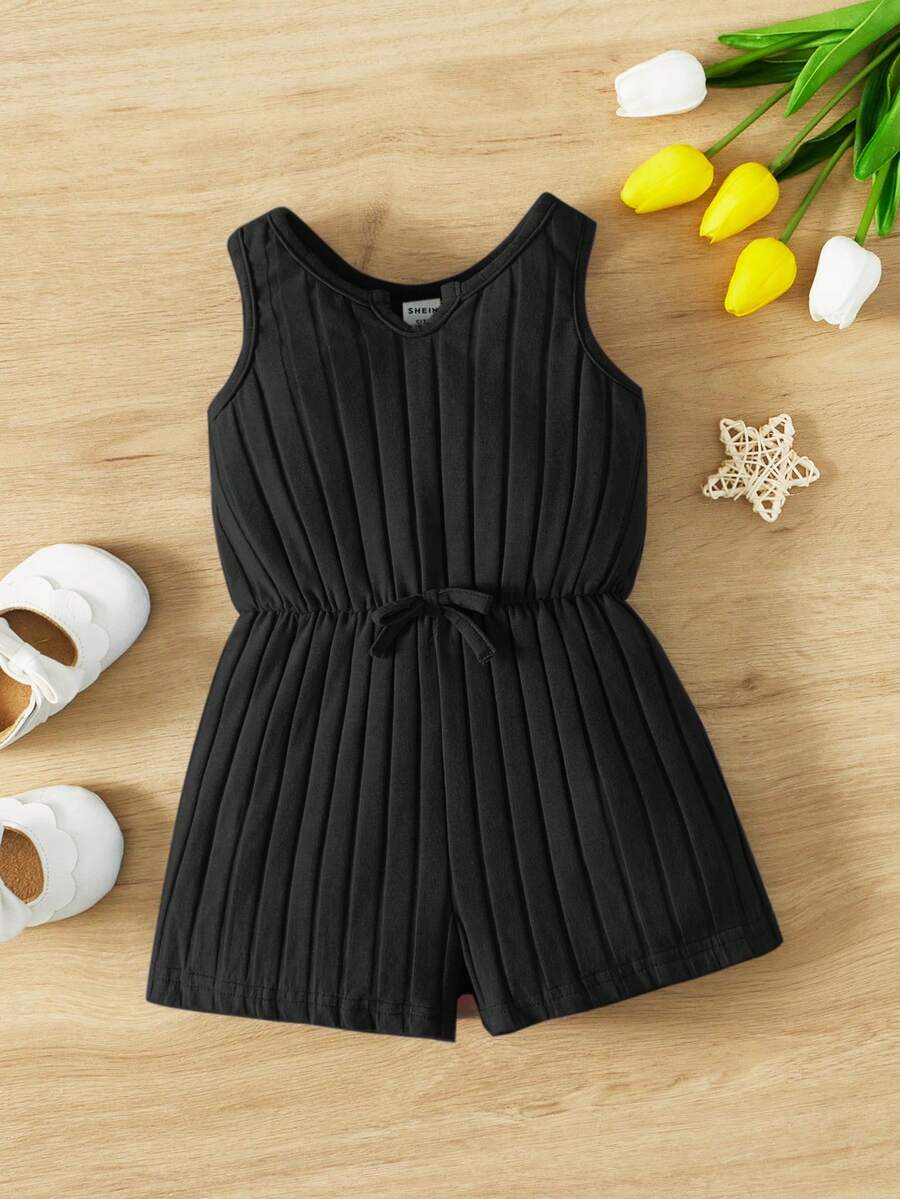 SHEIN 女婴可爱宽松休闲舒适连体衣,夏季黑色女婴服装黑色连体衣 - 黑色 - 查看 1