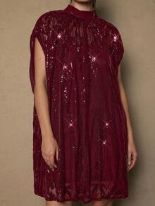 Freevana Gaun Tunik Ukuran Besar Berpayet Warna Burgundy dengan Lengan Pendek Model Kelelawar dan Kerah Tegak untuk Pakaian Pesta - Burgundy - View 7