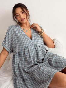 Plus Size Plaid Batwing Sleeve Ruffle Hem Loose Dress, Beach Dress, Vacation Bohemian Style, Summer Dresses - Multicolor - View 7