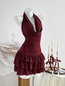 Elamini Women's Sexy Party Metallic Glitter Draped Neck Backless Ruffle Hem Bodycon Mini Dress, Summer - Burgundy - View 7