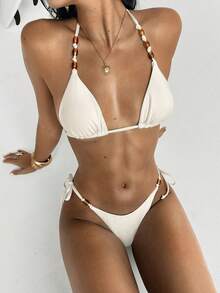 Aloruh 女士夏季新款扎染印花比基尼套装，性感派对音乐节炫彩贝壳装饰女士泳装，女士沙滩装，女士度假装 - 米色 - 查看 2