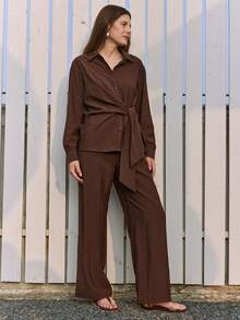 Dazy-Less Coffee Brown Autumn Casual Occasion Women's Elegant Twist Knot Cross Front Blouse & Straight Leg Pants Set,2 Pieces Old Money Luxury Business Outfit - Brown - View 4