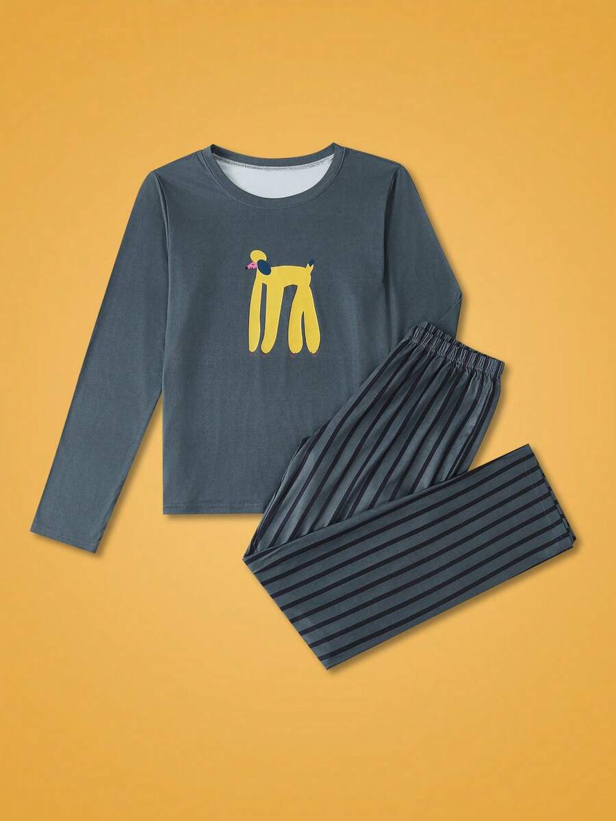 Notgurli Women Striped Long Sleeve Top And Pants Pajama Set - Dark Grey - View 1