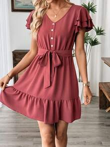 Selamara Women's Solid Color Ruffle Sleeve Tie Waist Midi Dress - Rusty Rose - View 5
