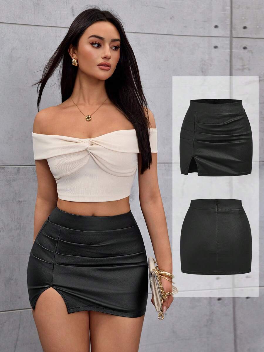 Flirla Women's Elastic Fitted Elegant Black Coated Pencil Skirt - Black - View 1