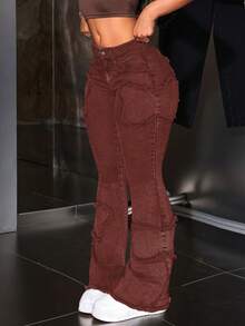 SHEIN Unity 女式时尚街头风毛边口袋喇叭牛仔裤 - 棕色 - 查看 5