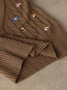 WESTFADE Floral Ladybug & Bee Embroidered V Neck Sleeveless Relaxed Fit Cable Knit Sweater Vest - Brown - View 7