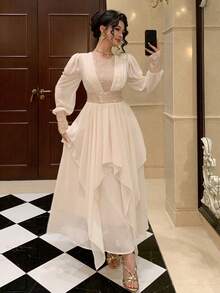 DAZY 春夏亮面拼接优雅长裙，适合情人节、婚礼、派对、正式场合，修身剪裁，通勤休闲长款连衣裙 - 杏色 - 查看 7