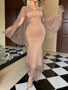 DAZY Robe mi-longue élégante et slim pour le travail, avec volants en maille transparente et manches évasées. Convient pour un mariage, la Saint-Valentin ou une robe d'été. - Nude - Voir 1