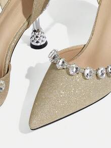 CUCCOO TILAWA 女士时尚闪亮尖头镂空高跟鞋，饰有水钻链条，适合春秋季情人节穿着 - 金色 - 查看 6