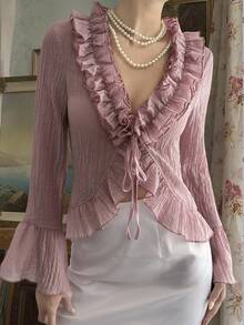 Livesso Áo kiểu hồng phối ren hoa tay phồng phối màu xuân/hè, áo sơ mi chiffon thanh lịch, thoải mái, đi biển, có dây rút ở eo, áo khoác cardigan lưới mỏng nhẹ cho nữ - Hồng - Xem 1