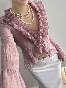 Livesso Áo kiểu hồng phối ren hoa tay phồng phối màu xuân/hè, áo sơ mi chiffon thanh lịch, thoải mái, đi biển, có dây rút ở eo, áo khoác cardigan lưới mỏng nhẹ cho nữ - Hồng - Xem 4