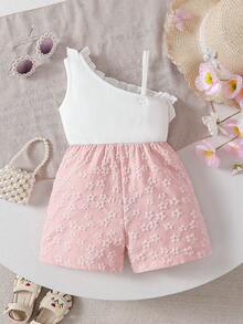 SHEIN 女婴时尚优雅不对称肩部3D立体花朵蝴蝶结连体衣，夏季 - 粉色 - 查看 2