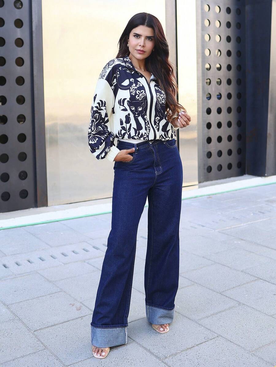 Hindelle 休闲宽松直筒长袖口牛仔裤 - 深色水洗藍 - 查看 1