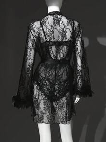 SHEIN 2pcs Set: French Black Lace Sheer Sleeve Robe + Lace Mesh Waist Cinched Bodysuit, Sexy - Black - View 8