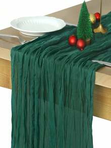 1pc Pleated Cheesecloth Table Runner, Suitable For Wedding, Bridal, Birthday Party Long And Round Dining Table Centerpiece Decor - Christmas Green - View 2