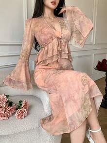 DAZY Bộ đồ 2 món dành cho nữ: váy hai dây cổ chữ V họa tiết hoa thanh lịch, viền bèo nhún, thích hợp cho mùa xuân/hè, váy dự tiệc cưới. - Hồng - Xem 4