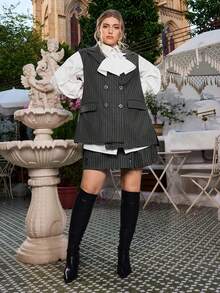 VOLUPTÉ CURVE Plus Size Women's Vintage French Commuter Striped Sleeveless Vest Jacket, Double-Breasted Design With Front Pockets, Irregular Hem, Mid-Length, Fashionable & Slimming - Dark Grey - View 4