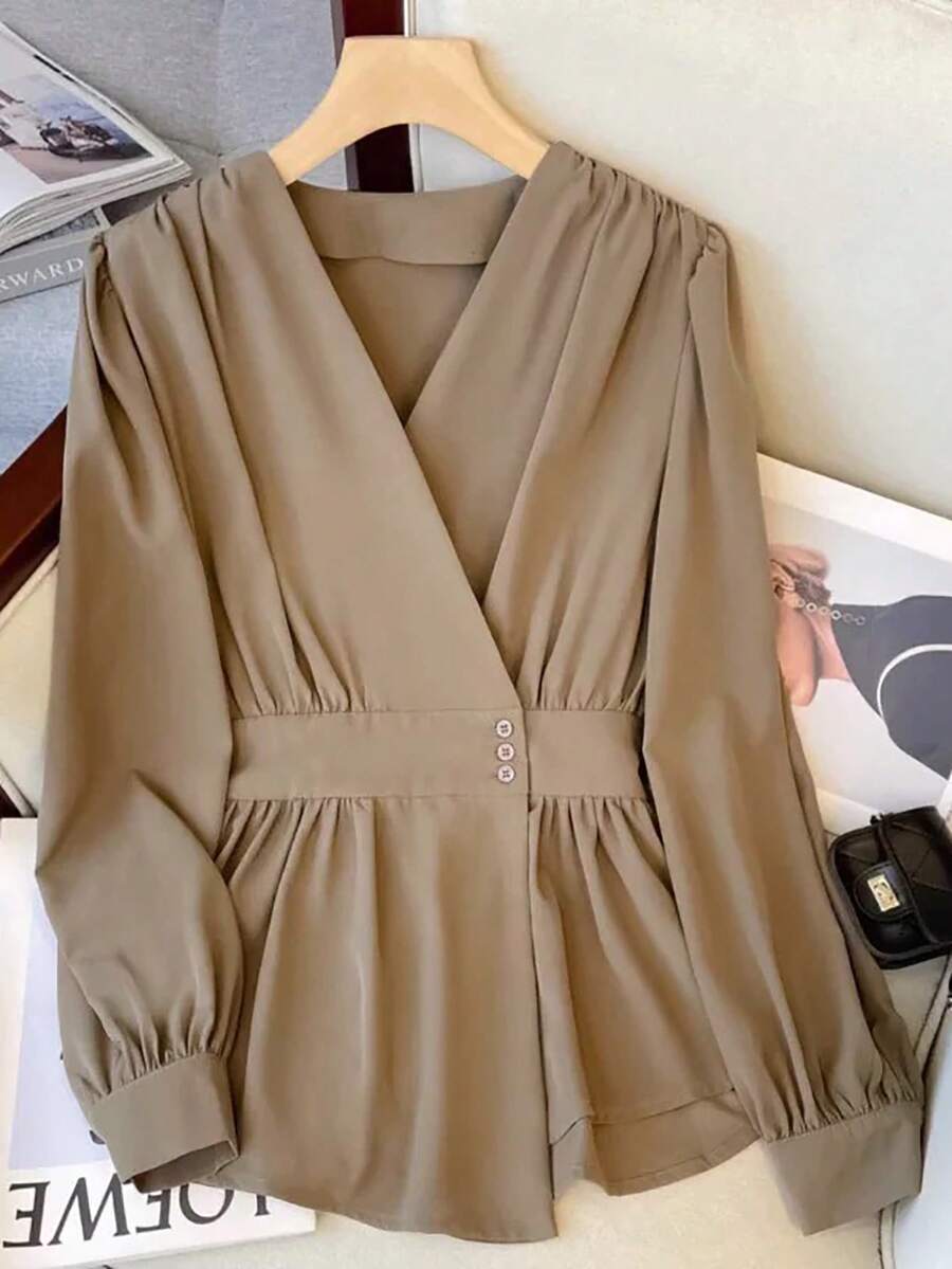 GlowEve Women's Elegant Long Sleeve Casual Commuter Shirt - Khaki - View 1