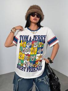 TOM & JERRY X SHEIN 加大码夏季休闲撞色卡通字母图案短袖T恤 - 白色 - 查看 3