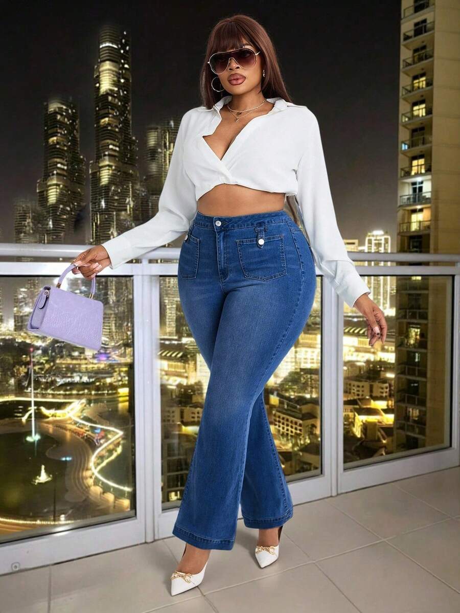 Slaydiva 大码女式弹力水洗牛仔裤，休闲舒适修身喇叭裤，浅蓝色牛仔裤 - 深色水洗藍 - 查看 1