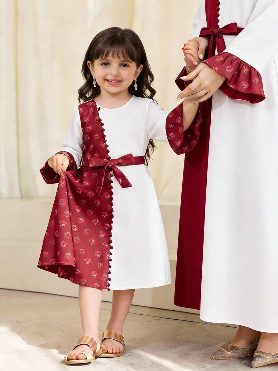SHEIN Young Girls' Retro Loose Casual Square Neck Patchwork Pattern Long Sleeve Dress - Burgundy - View 1