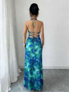 Rafferiza Đầm dài ôm sát, thanh lịch, cổ chữ V, buộc dây, thích hợp cho kỳ nghỉ, đi biển, dự tiệc, gợi cảm, hở lưng, hẹn hò, chụp ảnh dành cho nữ. - Màu ngọc lam - Xem 2