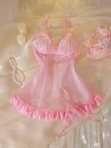 DelicateAllure 两件套性感薄纱蕾丝边睡裙和丁字裤套装，粉色闪光网纱拼接 - 粉色 - 查看 4