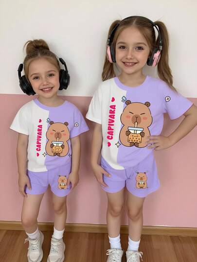 SHEIN 女童时尚图形拼色休闲卡通印花短袖 T 恤和短裤套装，单独出售