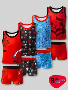 4件套男童简约蜘蛛印花舒适无袖背心和四角内裤套装 - 彩色 - 查看 3