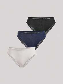 Hourtrue 3pcs Set Solid Color Lace Patchwork Spaghetti Strap Hollow Triangle Panty, Sexy & Romantic Women Underwear - Multicolor - View 1